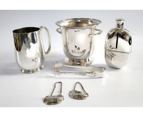 A pair of silver spirits labels: Gin and Brandy Henry Wilkinson &amp; Co, Sheffield 1852, a silver hip flask Thomas Smily, Lo