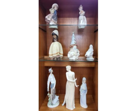 Five Lladro figures, Nao goose, Royal Doulton Reflections Series 'Dancing Delight' figure 33.5cm, and a stoneware figure of a