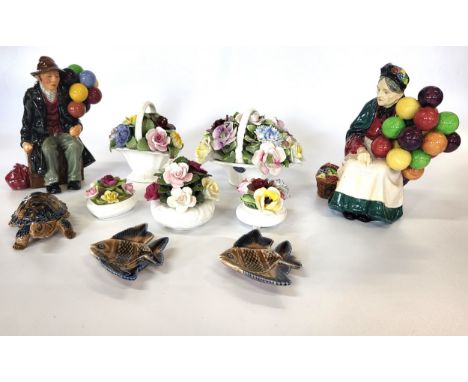 Royal Doulton The Old Balloon Seller and The Balloon Man, five posy encrusted pots by Royal Doulton, Coalport, and Aynsley, W