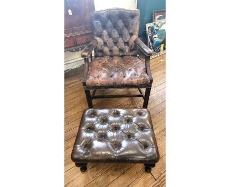 English style tufted leather armchair and stool