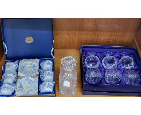 Edinburgh Crystal set of six cut wine glasses in original lidded box, a decanter with stopper, and Coalport Camelot cups with