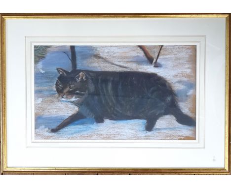 A pastel study of a cat walking in the snow, unsigned. Mounted, glazed and in a gilt frame.