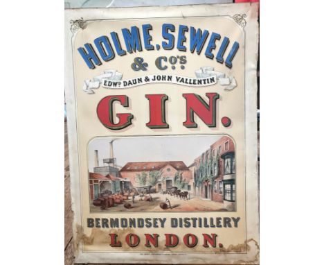 A vintage gin poster Holme, Sewell &amp; Co's Gin, Bermondsey Distillery, London. Some water damage to the edges.