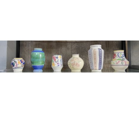 Six Poole vases 12cm to 22.5cmIn very good condition. One chip to the base of the middle stout vase.