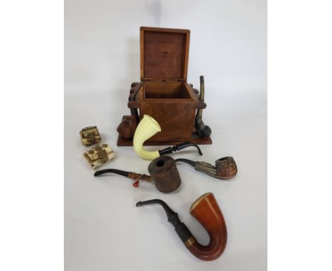 Assorted pipes and a pipe box, and two bone trinket boxes.