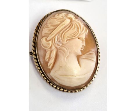 A cameo brooch of a portrait of a lady in side profile set in a ribbed 9ct yellow gold mount. 7.1gms 4cm x 3cm.