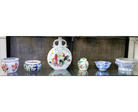 Oriental ceramics including a ginger jar with lid 13cm, a pilgrim vase 33cm, two jardinieres, and two bowls. (6)