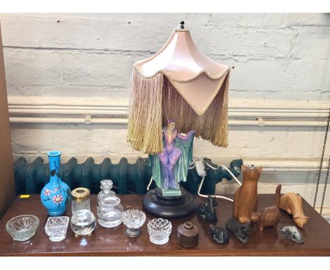 A Royal Doulton lady figure adapted to table lamp, overall 50cm high, a turquoise opaque glass bottle vase 16cm, eight miniat