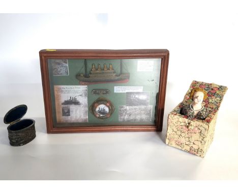 A Titanic picture depicting her details and sinking,  a Maggie Thatcher  'Jack in the Box' and a pewter trinket box.