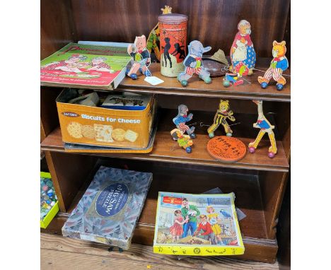 Huntley &amp; Palmers post box money tin 14cm, ten wooden paper covered circus animals on wheels, games, two puzzles, and min