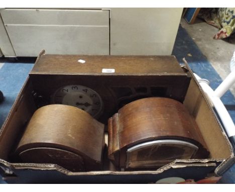 A Box Containing Two Mantle Clocks and One Wall Clock For Restoration 