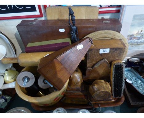 A Tray of Treen Ware to include Book Ends, Metronome, Bowl, Vintage Rolling Pin etc