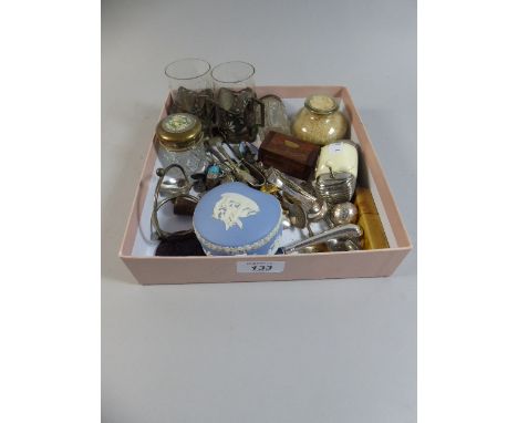 A Tray of Curios to Include Wedgwood Jasperware Box, Vintage Clock in the Form of Radio, Inlaid Miniature Box, Souvenir Spoon