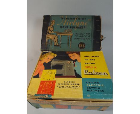Two Vintage Boxed Items to Include Child's Vulcan Electric Sewing Machine and Airlyne Home Rug Maker  