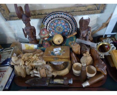 A Tray Containing Various Treen Ware, Carved Figural Ornaments, Treen Fruit, Hunting Knife etc