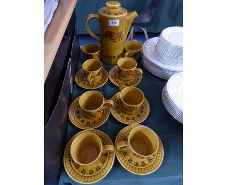 A Vintage Royal Worcester Palissy Taurus Pattern Coffee Service Comprising Six Cans and Saucers, Coffee Pot, Sugar and Cream 