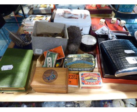 A Tray of Curios to Include Coins, Compass, Hip Flask, Dice Set, Playing Cards, Bank Savings Box etc