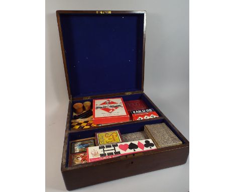 An Edwardian Oak Square Games Box Containing Vintage Games, Cards Etc