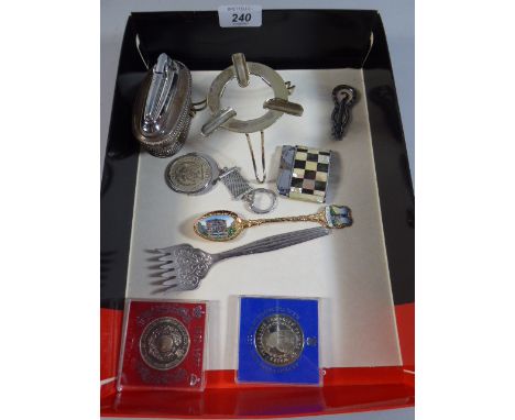 A Collection of Curios to Include Ronson Silver Plated Lighter, Coins, Souvenir Spoons, Medallions etc 