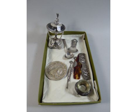 A Collection of Silver Plated and White Metal Items to Include Mustard Pot Holder, Folding Comb, Tea Caddy Spoons, Rifle Meda