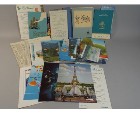 A Box of Vintage Cunard Printed Ephemera To Include Programmes, Menus, Post Cards, Brochures etc 