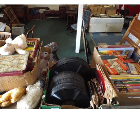 Two Boxes of Soft Toys, Box of Vintage Toys and Games, Box of 78rpm Records and Box of Books