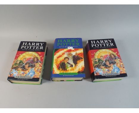 Three Hard Back Harry Potter Books to Include Half Blood Prince and Two Deathly Hallows, All Signed J K Rowling but Pages (AF
