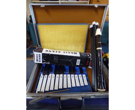 A Vintage Brief Case Containing Music Stand, Recorder, Xylophone Etc 