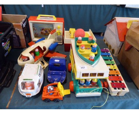 A Collection of Vintage Fisher Price Toys to Include Television, Record Player, Airplane, Play Bus Etc