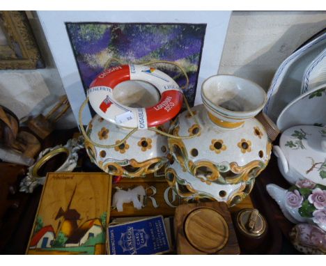 A Tray of Sundries to Include Painted Painted Stable Door Horse Name Plates, Ceramic Shades, Playing Cards etc