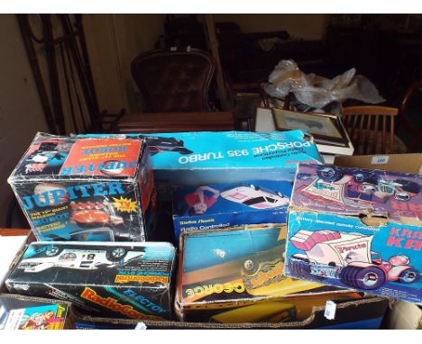 A Box Containing Vintage Toys to Include Jupiter Robot, Radio Controlled Porsche, George the Van, Krazy Kar, Radio Shack etc