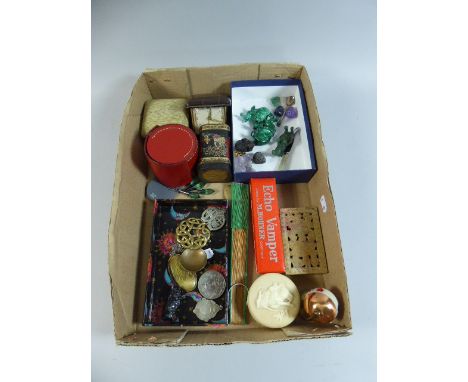 A Box of Curios to Include Malachite Elephants, Alarm Clock, Miniature Globe, Boxes, Hohner Mouth Organ etc