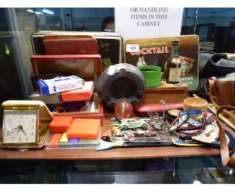 A Tray of Curios to Include Toy Farm Animals, Souvenir Badges, Alarm Clock, Playing Cards, Tins Etc