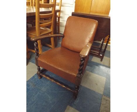 A Vintage Oak Framed Barley Twist Hide Upholstered Arm Chair 