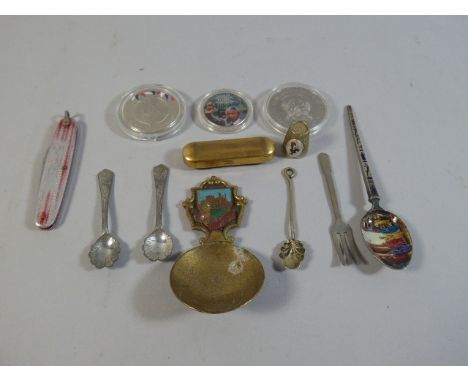 A Small Collection of Curios to Include Enamel Coins, Pen Knives, Spoons Etc 