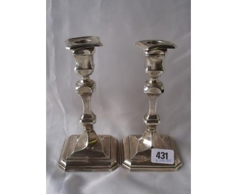 Pair of George I style candlesticks on square bases knobbed stem Sheffield 1898 by T, B and S    