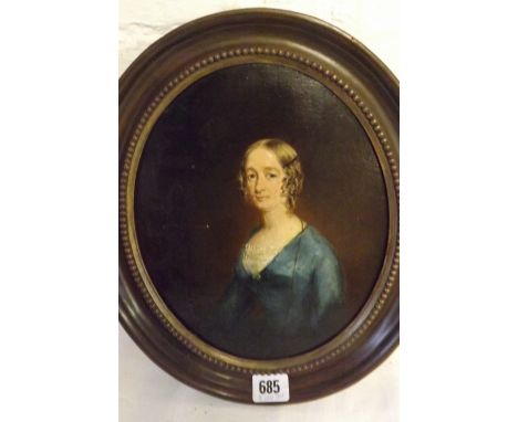 Victorian school- Half-length portrait of a lady in  a blue dress oval 10” x 8”       