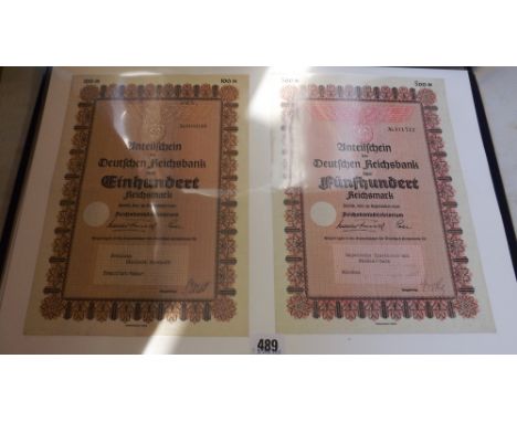 Group of four share certificates from the German National Bank. 1939      