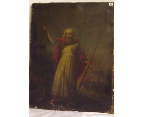 Early 19th Greek school- Portrait of crusader in  landscape 35” x 27” unframed       