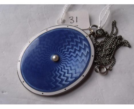 LARGE BLUE/WHITE ENAMEL &amp; SILVER pendant miniature of a young child set with a single pearl to back 2.5” long 34.5g inc -