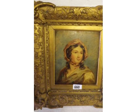 Victorian school- Girl with red scarf.  On board  7 ½” x 6”         