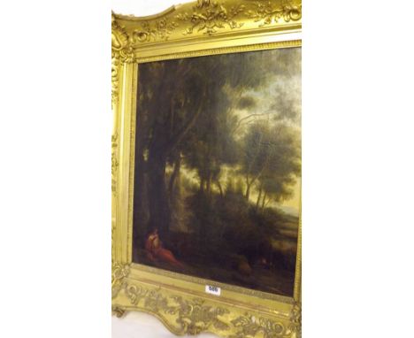 Early 19th French school- Figure playing flute in classical  landscape 18” x 14”        