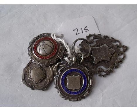 Five silver fobs some with enamel 49g     