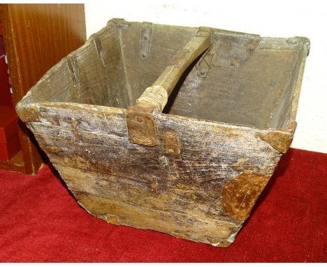 A rustic wood and metal-bound trug of tapered square shape, 33cm square, 24cm high.