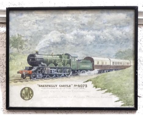 A framed unsigned watercolour of steam engine "Caerphilly Castle" No.4073, with inscription and GWR logo in green and gilt, 2