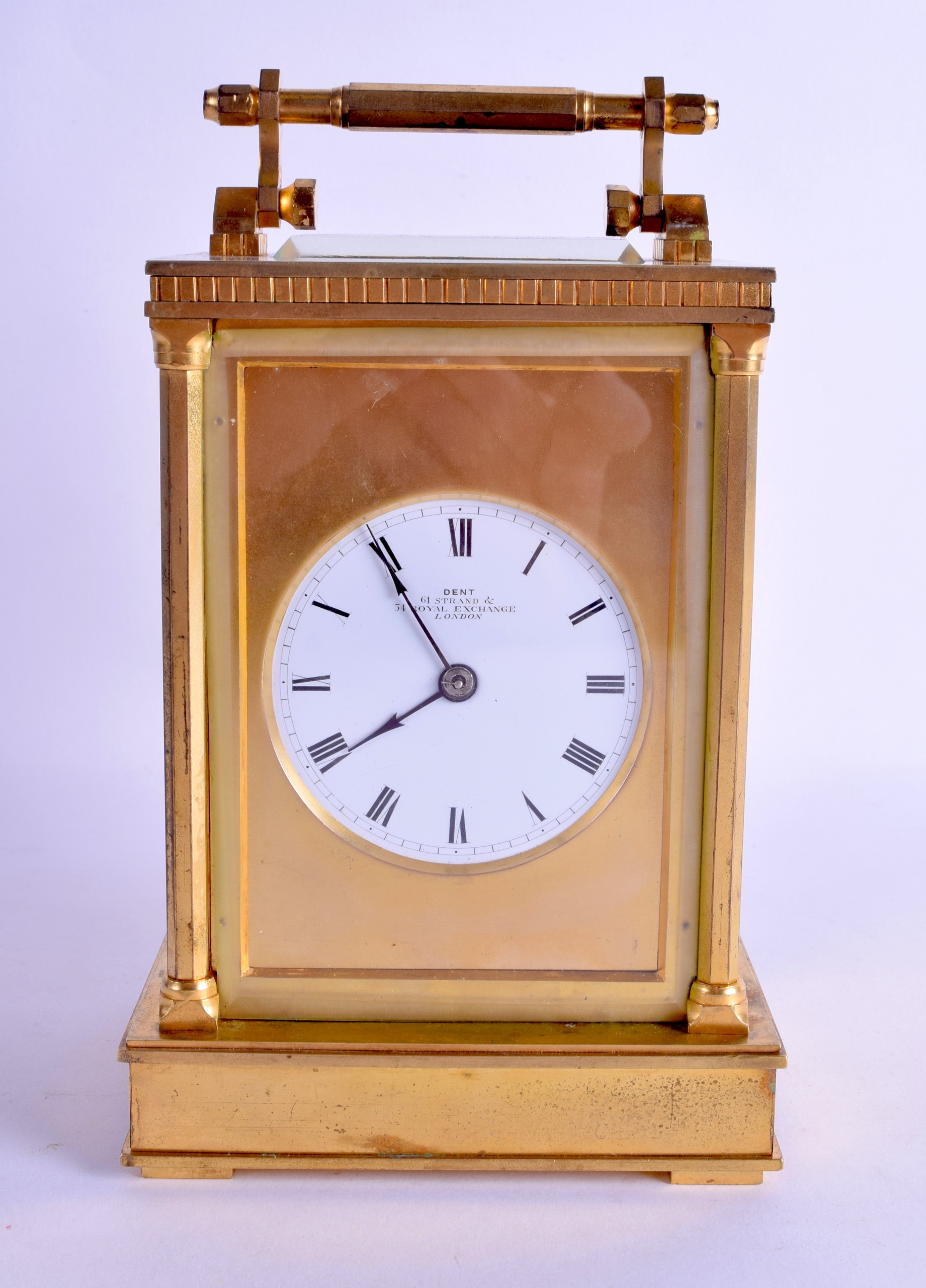 A GOOD LARGE ANTIQUE BRASS CARRIAGE CLOCK by Dent of London, with