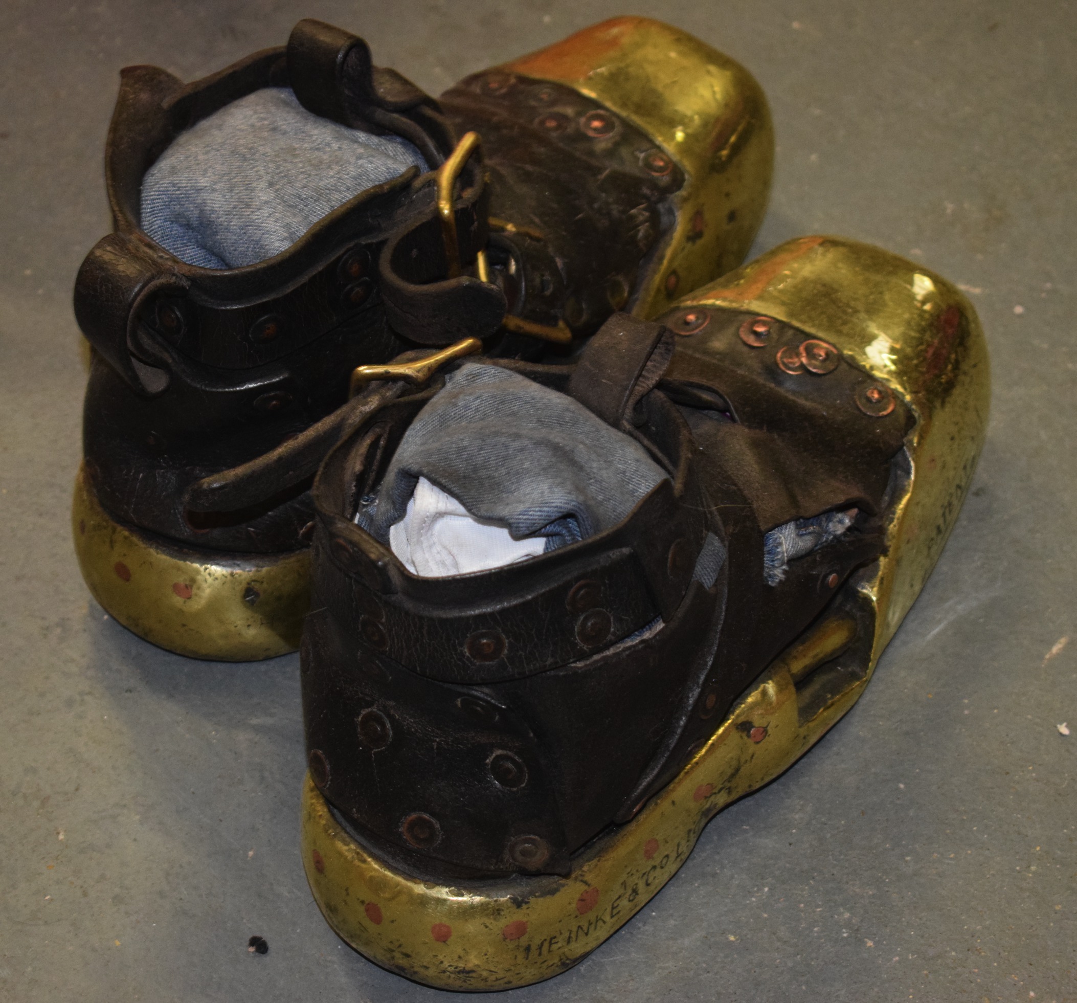 A RARE PAIR OF ANTIQUE DIVING BOOTS. 35 cm long.