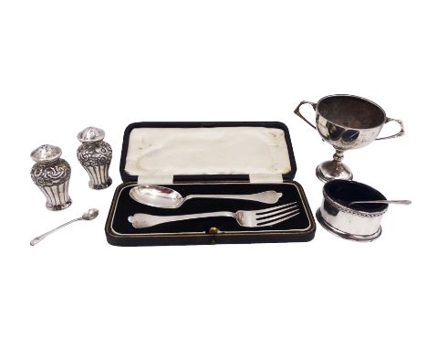 Group of silver, comprising small trophy cup, cased spoon and fork set, pair of pepper shakers, etc, all hallmarked Condition