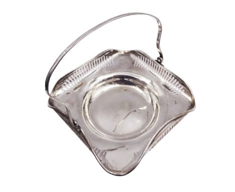 Early 20th century Chinese export silver swing handled basket, of square form with rounded corners and curled, pierced rim, s