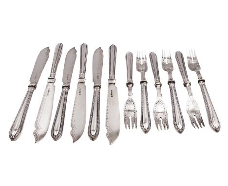 Set of six Victorian silver fish knives and forks, each with tapering beaded handles, handles, blades and prongs hallmarked H